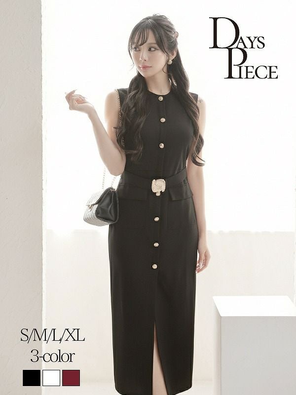 ノースリーブボタンデザインベルト付き韓国タイトキャバワンピース【DaysPiece】(S/M/L/XL)(ブラック/ホワイト/ワイン)