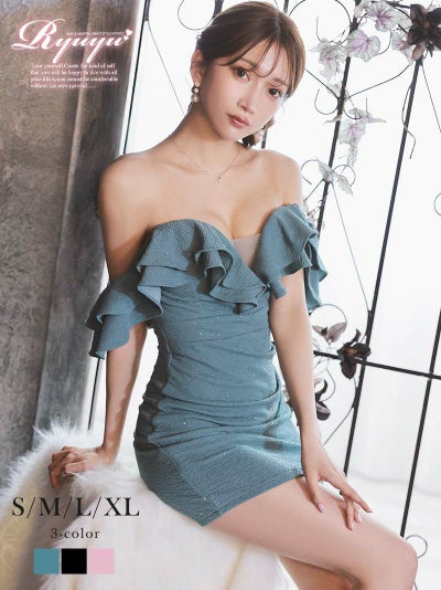 先行予約割￥6290→￥5976！※一部予約販売※オフショルフリルデザインラメ入りタイトミニドレス【Ryuyu】(S/M/L/XL(2L))(グリーン/ブラック/ピンク)