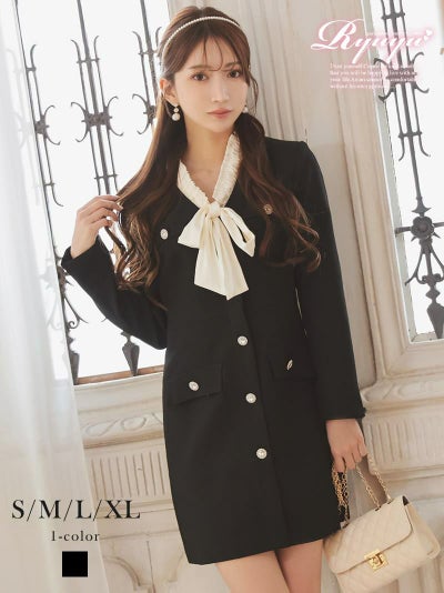バイカラーボウタイ付き パールボタン 長袖タイトミニスーツ風ドレス【Ryuyu】(S/M/L/XL(2L))(ブラック)