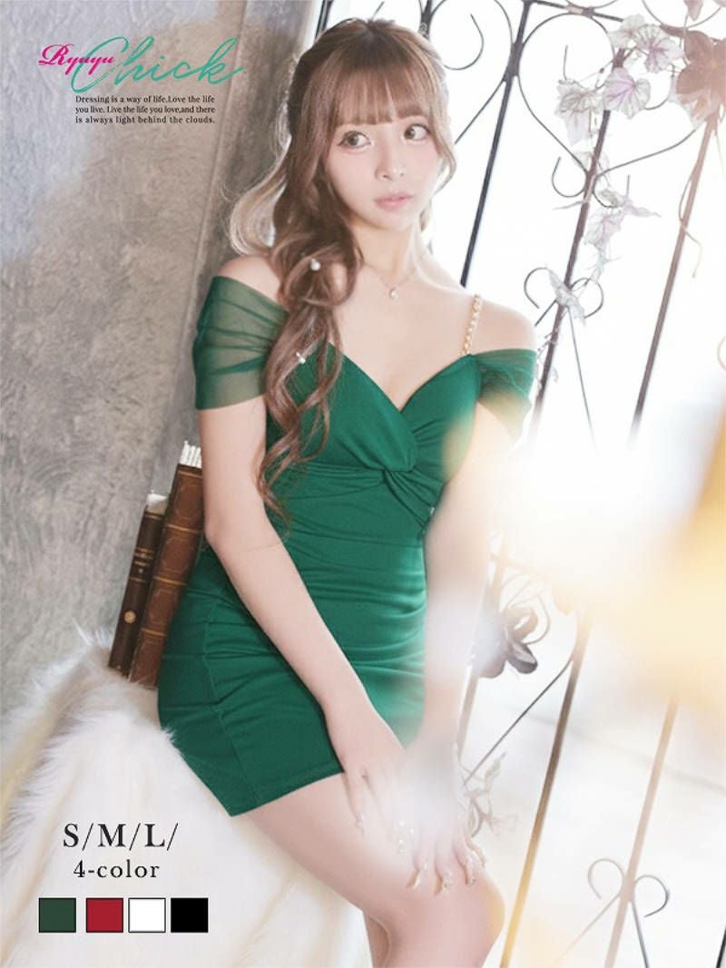 ツイストデザインオフショルダーミニタイトキャバドレス あいさ 着用 キャバドレス【RyuyuChick】