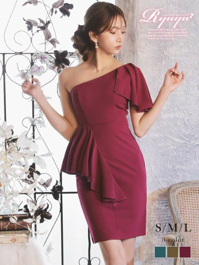 アシンメトリーショルダータイトミニドレス【Ryuyu】(S/M/L)(バーガンディ/モカ/ターコイズ)