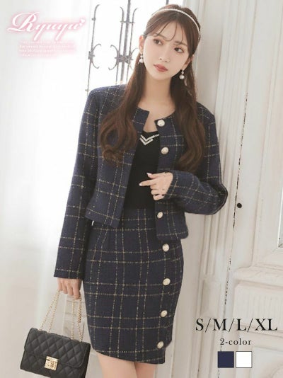 先行予約割￥7390→￥7021！※一部予約販売※上品ツイードのクラシカルチェック柄セットアップスーツ(S/M/L/XL(2L))(ホワイト/ネイビー)