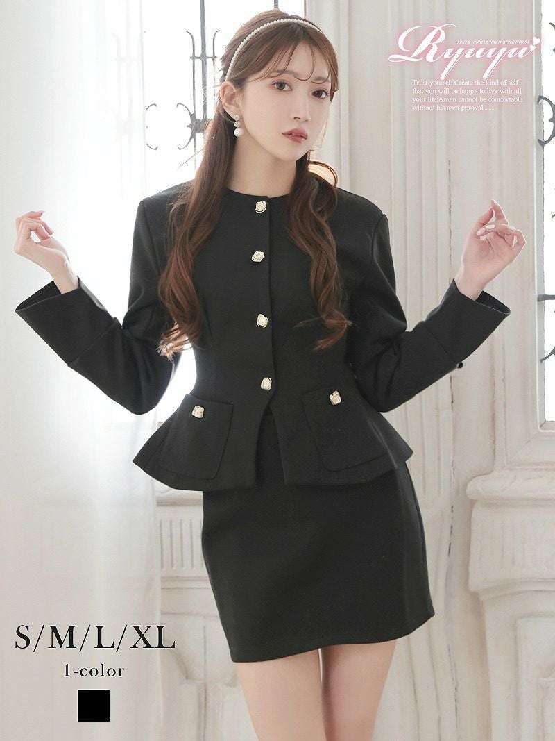 ノーカラーペプラムジャケット＆ミニスカートセットアップスーツ【Ryuyu】