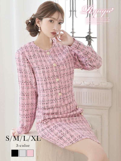 上品ミックスツイードのほんのりラメ入りミニ丈ノーカラースーツ【Ryuyu】(S/M/L/XL(2L))(ブラック/ピンク/グレー)