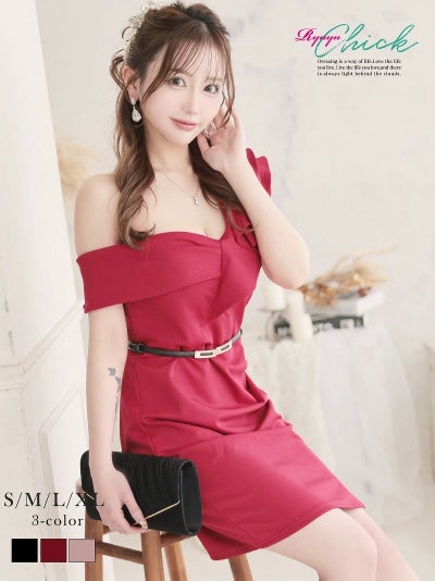 先行予約割￥4280→￥4065！※一部予約販売※アシンメトリーフリル袖ワンショルタイトドレス りせり 着用 キャバドレス【RyuyuChick】(S/M/L/XL(2L))(レッド/ブラック/ピンク)