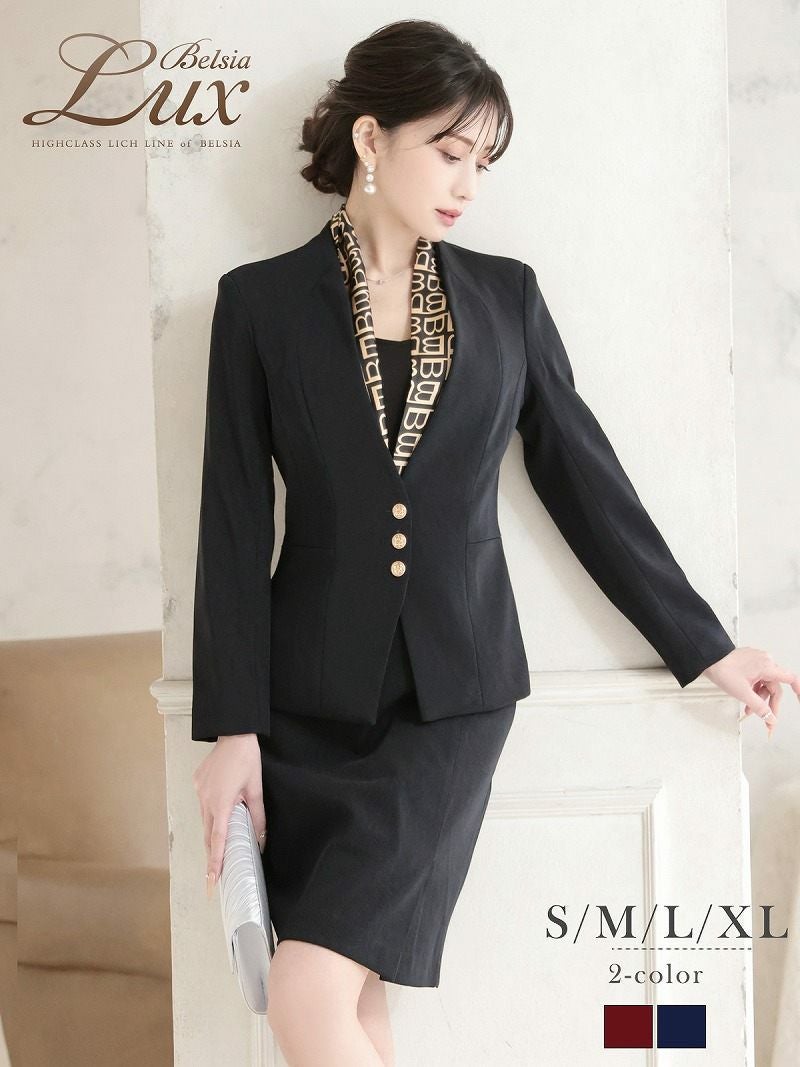 スカーフ柄襟ゴールドボタンタイトセットアップミニスーツ 加賀美早紀 着用 キャバスーツ【BelsiaLUX】