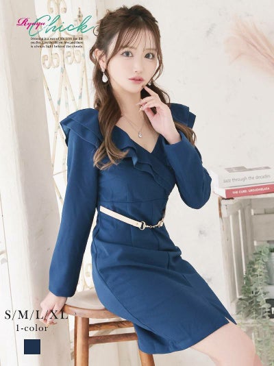 先行予約割¥4980→¥4831!※一部予約販売※フリルネックカシュクール長袖タイトキャバワンピース りせり 着用 キャバドレス【RyuyuChick】(S/M/L/XL(2L))(ターコイズ)