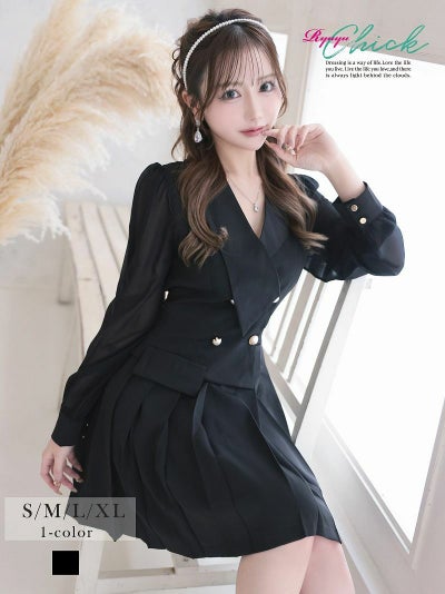 先行予約割¥4980→¥4731!※一部予約販売※パールボタン付きシフォン袖ドッキングプリーツドールワンピース【RyuyuChick】(S/M/L/XL(2L))(ブラック)
