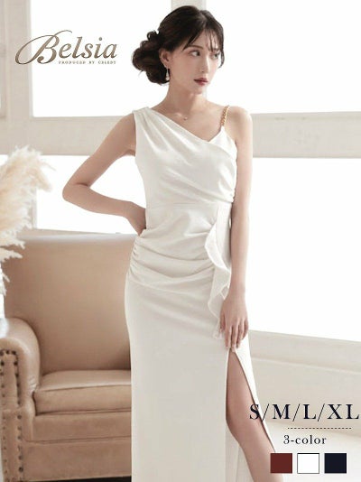 先行予約割￥7980→￥7581！※一部予約販売※チェーンストラップワンショルダー深スリットタイトロングキャバドレス 加賀美早紀 着用キャバスーツ【BelsiaLUX】(S/M/L/XL(2L))(ホワイト/レッド/ブラック)