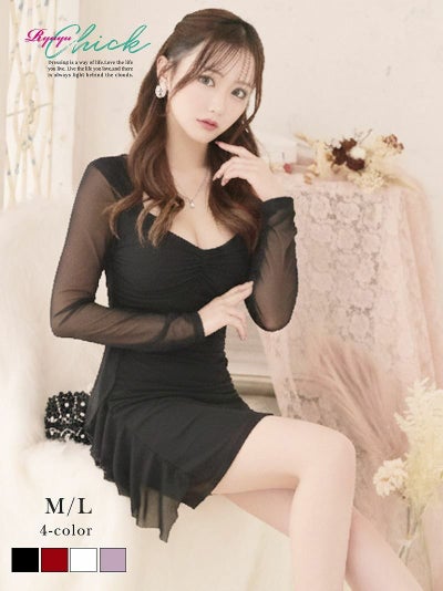 シアースリーブデコルテギャザータイトミニドレス【RyuyuChick】(M/L)(レッド/ブラック/パープル/ホワイト)