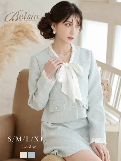 先行予約割¥10800→¥10260!※一部予約販売※ボウタイリボン付きビジューボタンツイードセットアップミニスーツ 加賀美早紀 着用 キャバスーツ【Belsia】(S/M/L/XL(2L))(ホワイト/ブルー)