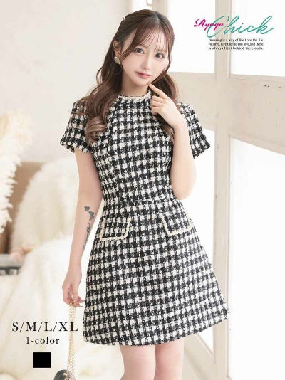 先行予約割￥4980→￥4731！※一部予約販売※厚手ツイードパールパイピング袖付きチェック柄ドールワンピース 【RyuyuChick】(S/M/L/XL(2L))(ブラック)