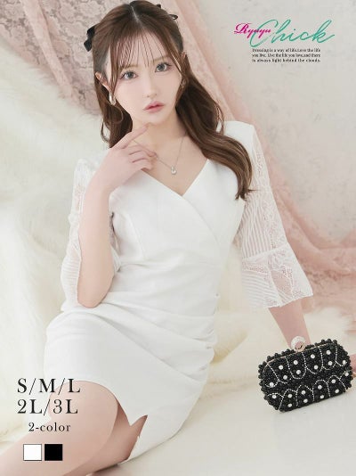 先行予約割¥4280→¥4065!※一部予約販売※ベルスリーブ袖レースカシュクールタイトミニドレス ギャザー寄せウエスト細見せキャバドレス 前スリット入り りせり 着用 キャバドレス【RyuyuChick】(S/M/L/XL(2L)/XXL(3L))(ブラック/ホワイト)