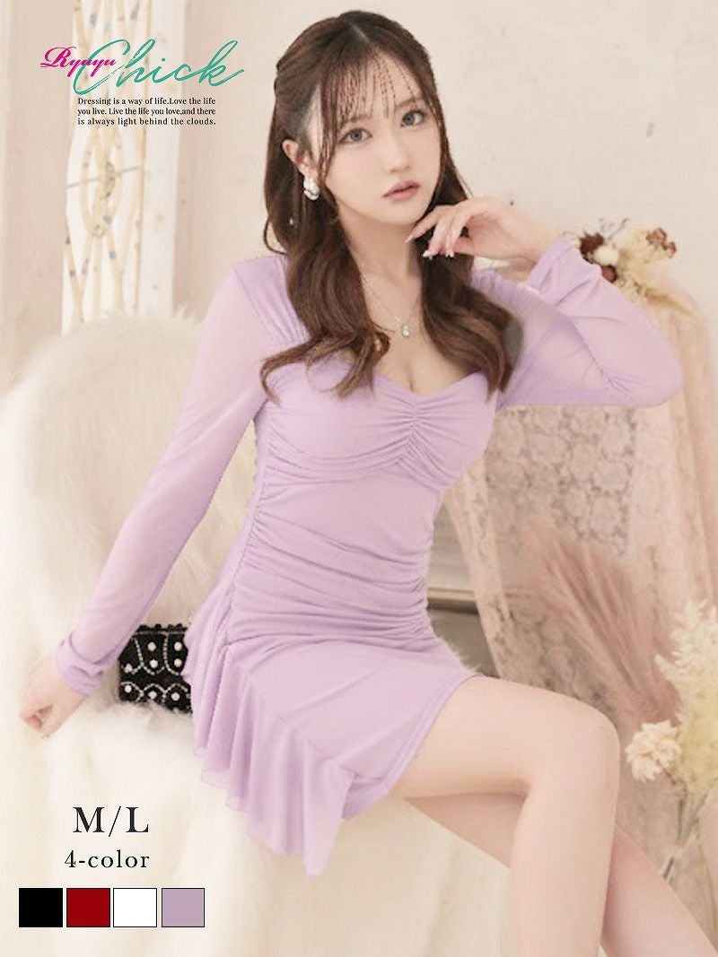 ※一部予約販売※胸元ギャザーのシアー長袖シャーリングタイトミニドレス りせり 着用 キャバドレス【RyuyuChick】