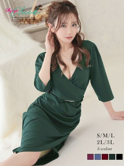先行予約割¥3980→¥3861!※一部予約販売※カシュクールギャザー七分袖タイトミニドレス りせり 着用 キャバドレス【RyuyuChick】(S/M/L/XL(2L)/XXL(3L))(グリーン/ブラック/ワイン/パープル/ブルー)