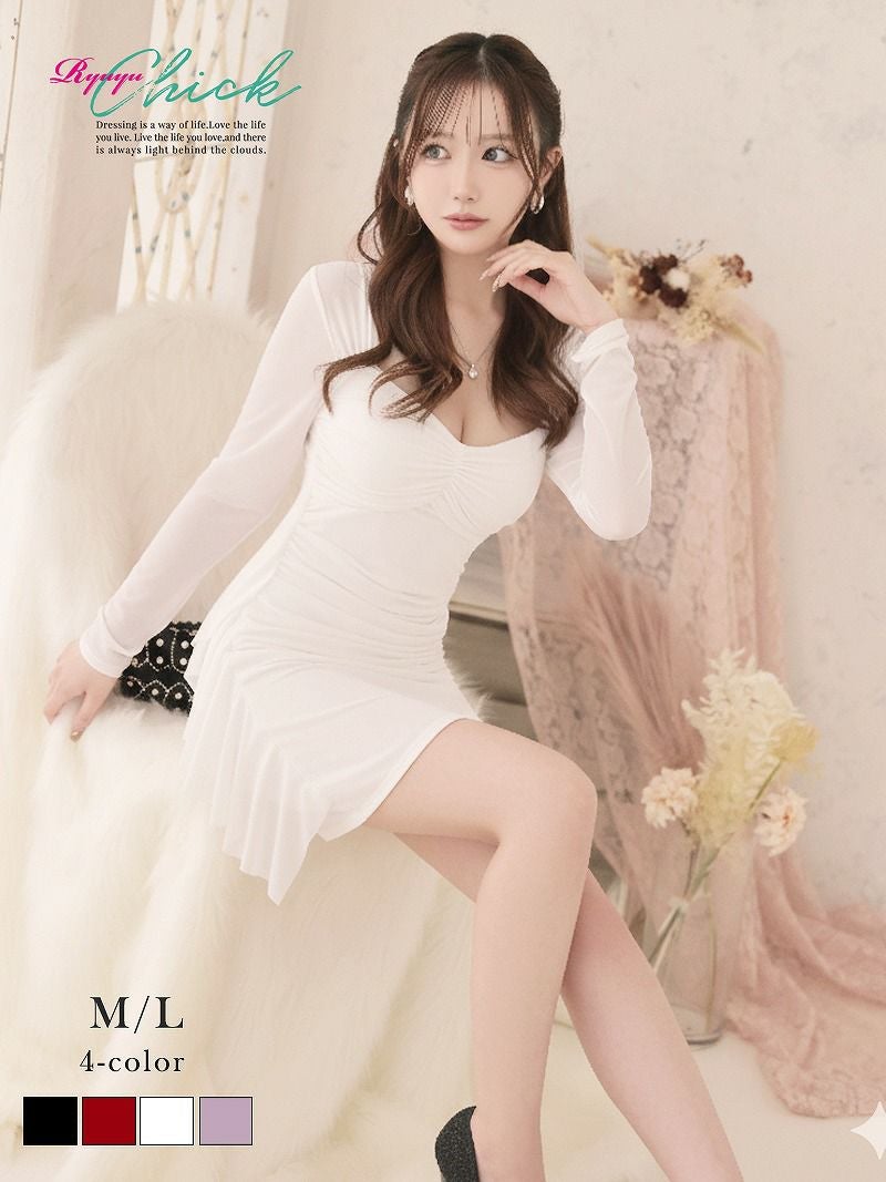 ※一部予約販売※シアーな長袖が色っぽさを引き立てるカシュクールギャザーミニドレス りせり 着用 キャバドレス【RyuyuChick】