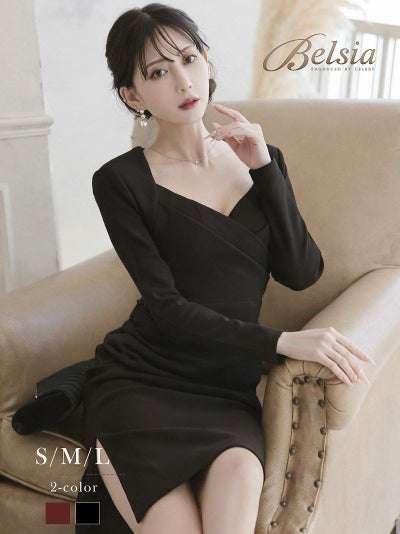 クロスデザインの胸元が艶やかなカシュクールギャザー長袖タイトキャバワンピース 加賀美早紀 着用キャバドレス【BelsiaLUX】(S/M/L)(ワイン/ブラック)