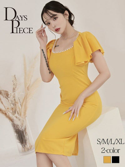 パールビジュー付き二重フリル袖ハイウエスト切り替えタイトキャバドレス 韓国style足長ミニワンピ KANO 着用 キャバワンピース【DaysPiece】(S/M/L/XL(2L))(ブラック/イエロー) ptpl