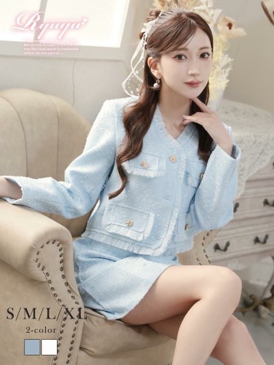 先行予約割￥7980→￥7581！※一部予約販売※ゴールドボタンフリンジツイードセットアップノーカラー台形スカートミニドレス【Ryuyu】(S/M/L/XL(2L))(ブルー/オフホワイト)