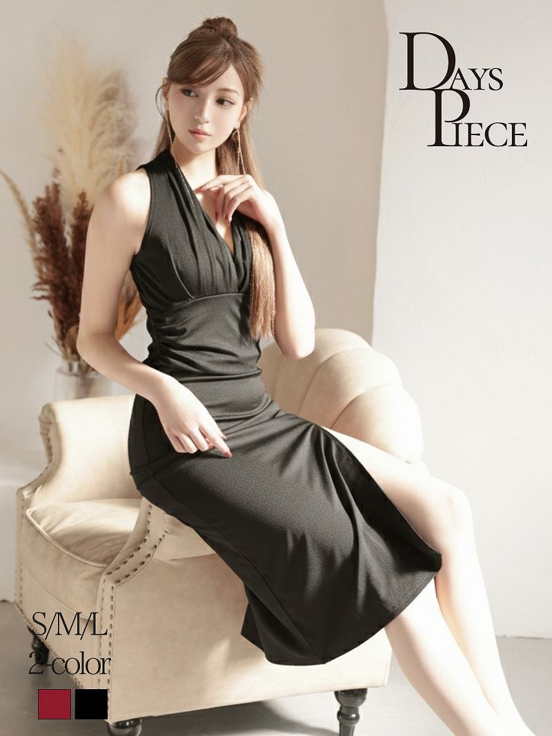 アメスリドレープカラー谷間みせウエスト切り替えタイトキャバドレス 韓国styleストレッチミディ丈ワンピ【DaysPiece】