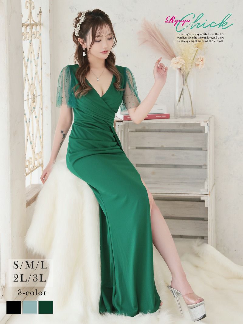 ※一部予約販売※シアースリーブカシュクールVネックドレープタイトスリットロングドレス りせり 着用 キャバドレス【RyuyuChick】