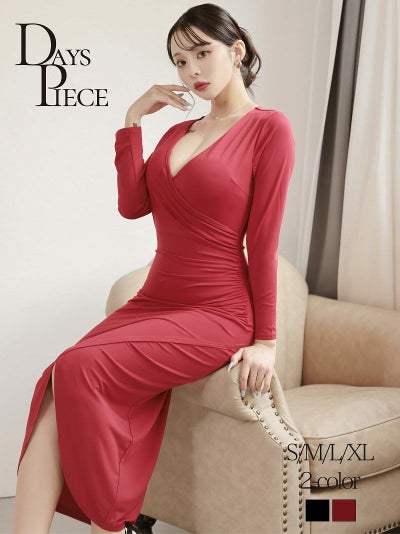 深めのカシュクールとサイドにギャザーがたっぷり入ったウエスト細見せ韓国風キャバワンピース KANO 着用 キャバドレス【DaysPiece】(S/M/L/XL(2L))(ワイン/ブラック) ptpl