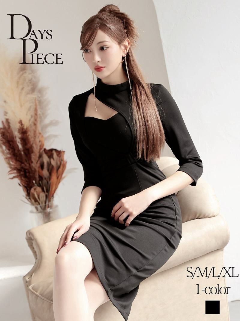 アシンメトリーネックカシュクール風七分袖タイト膝丈韓国風キャバワンピース 【DaysPiece】
