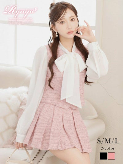 スパンコール入りのミックスツイードが上品に輝く、華奢見せも叶うキュートなツイードセットアップ 【Ryuyu】(S/M/L)(ブラック/ピンク)