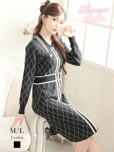 バイカラーのラインがスタイルを良く見せる、ストレッチの効いた襟付きハイウエスト切り替えフレアニットワンピース 【Ryuyu】(M/L)(ブラック)