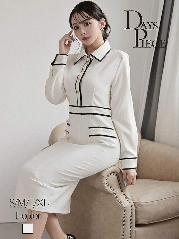 バイカラーのラインが都会的で洗練された印象を与える韓国風ミディ丈長袖ワンピース【DaysPiece】