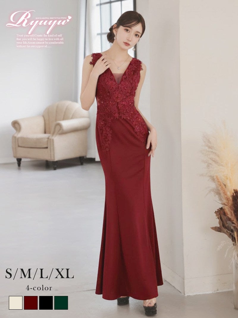 ※一部予約販売※立体刺繍とビジュー付きの高級感あふれるタイトなスレンダーロングドレス 【Ryuyu】