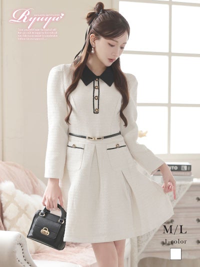 クラシカルな襟付きデザインとバイカラーが目を惹く長袖ツイードフレアミニドレス 【Ryuyu】(M/L)(ホワイト)