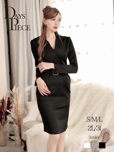 ※一部予約販売※大人なセレブ感を演出するカシュクールデザインの韓国style長袖膝丈キャバワンピース【DaysPiece】(S/M/L/XL(2L)/XXL(3L))(ベージュ/ホワイト/ブラック)