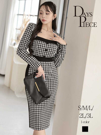 上品な千鳥柄とブラックパイピングで細見せを叶える韓国styleの大人キャバワンピース KANO 着用 キャバワンピース【DaysPiece】(S/M/L/XL(2L)/XXL(3L))(ブラック)