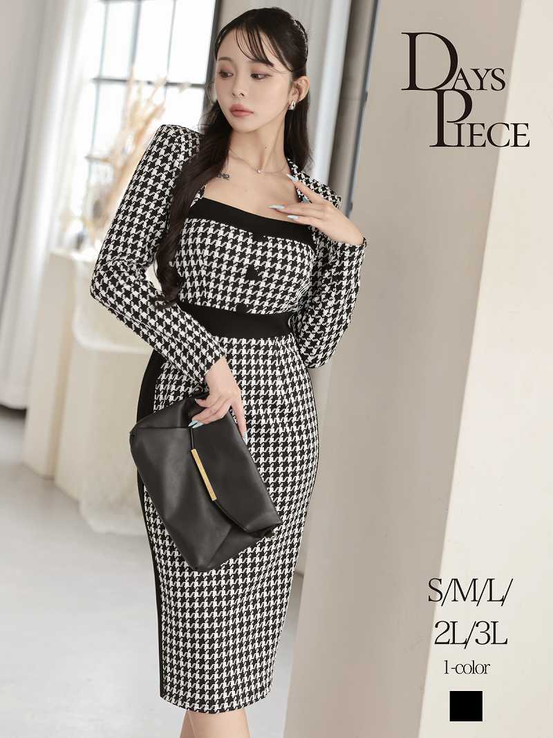 上品な千鳥柄とブラックパイピングで細見せを叶える韓国styleの大人キャバワンピース KANO 着用 キャバワンピース【DaysPiece】