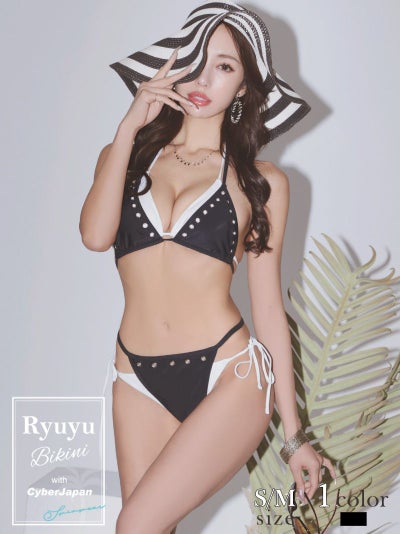 水着 パンチングスタッズデザインブラジリアン三角ビキニ 重ね着専用リゾート水着【Ryuyu】(S/M)(ブラック)
