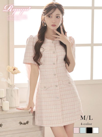※一部予約販売※肉厚なミックスツイードが上品な印象を与えるパステルカラーの袖付きドール風ミニドレス【Ryuyu】(M/L)(ホワイト/ブルー/ピンク/ブラック)
