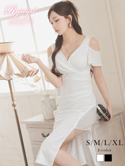 ビジューフリンジ付きのカシュクールデザインが大人っぽいカットショルダー膝丈ストレッチドレス 【Ryuyu】(S/M/L/XL(2L))(ブラック/ホワイト)