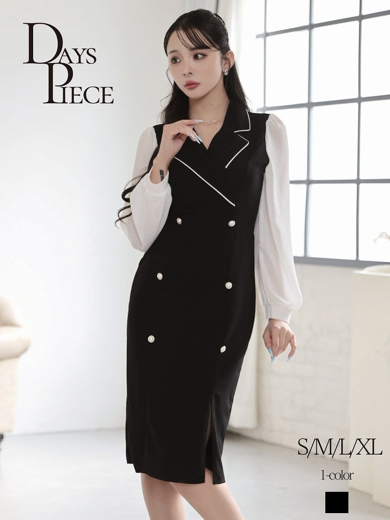 清楚なシフォン袖が大人可愛いバイカラーの韓国風膝丈ワンピース KANO 着用 キャバワンピース【DaysPiece】