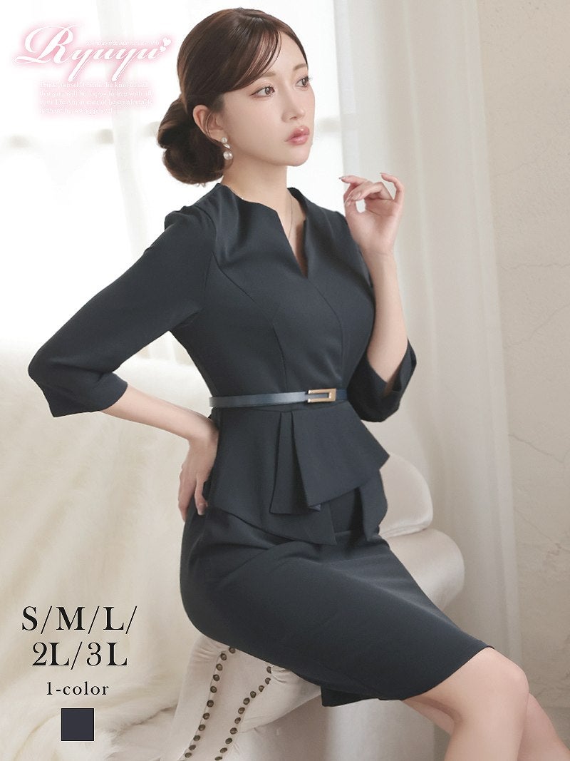 上質なストレッチ素材で着心地も抜群な清楚系ペプラム五分袖膝丈大人ワンピース 【Ryuyu】