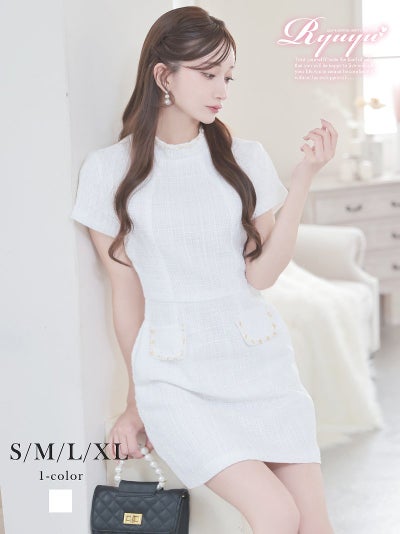 上品なラメツイードにパールパイピングを施した二の腕カバーも叶うドール風ミニドレス 【Ryuyu】(S/M/L/XL(2L))(ホワイト)