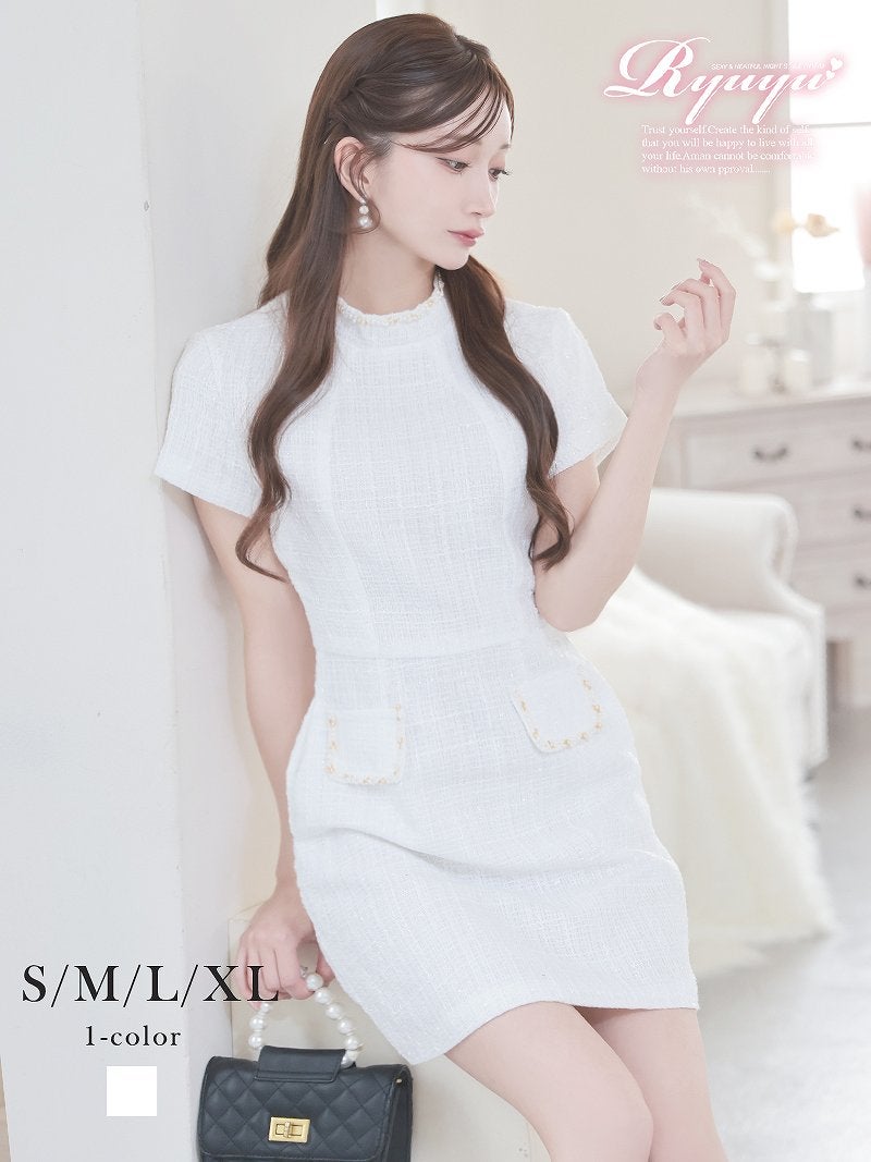 上品なラメツイードにパールパイピングを施した二の腕カバーも叶うドール風ミニドレス 【Ryuyu】