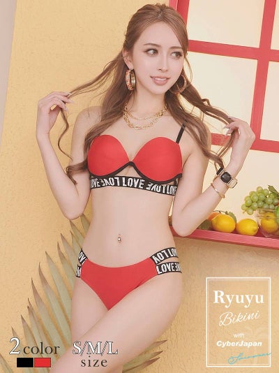 英字テープロゴブラジリアンカットアウトスポーティーワイヤービキニ【Ryuyu】(S/M/L)(レッド/ブラック)