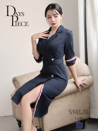 韓国風の洗練されたシルエットが美しいトリコロール大人膝丈ワンピース KANO 着用 キャバワンピース【DaysPiece】(S/M/L/XL(2L))(ネイビー)