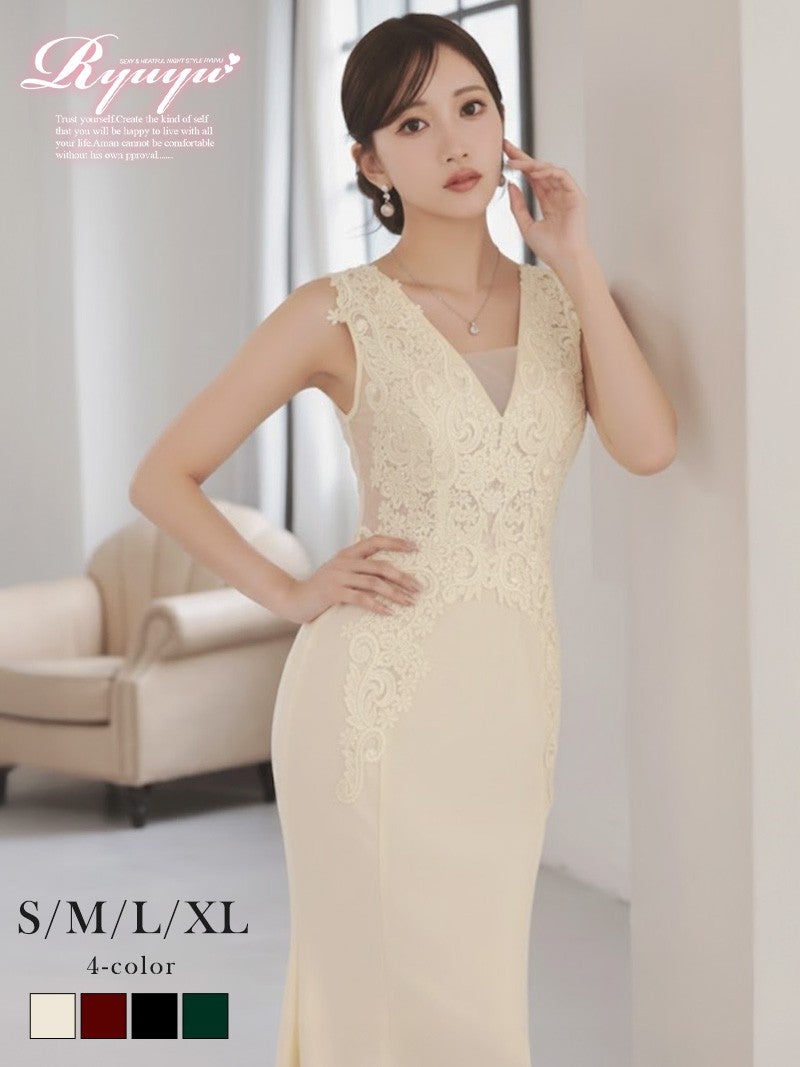 ※一部予約販売※繊細な立体刺 とシースルーメッシュでセクシーに魅せる谷間チラ見せスレンダーロングドレス 【Ryuyu】