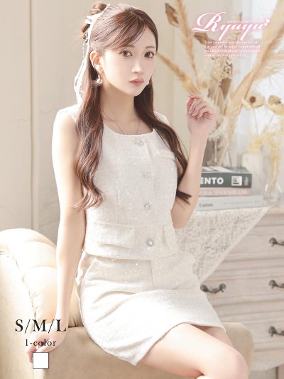 スパンコールの煌めきとビジューボタンが可愛いノースリーブのツイードセットアップスーツ 【Ryuyu】(S/M/L)(オフホワイト)