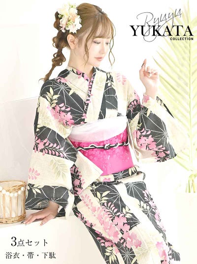 浴衣 凛とした藤の花がモダンに彩る大人可愛い特価浴衣3点セット りせり 着用 浴衣【Ryuyu】(フリーサイズ)(ピンク)