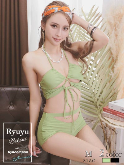 水着 フロントレースアップハイウエストモノキニ風セクシービキニ【Ryuyu】(M)(グリーン/ブラック)