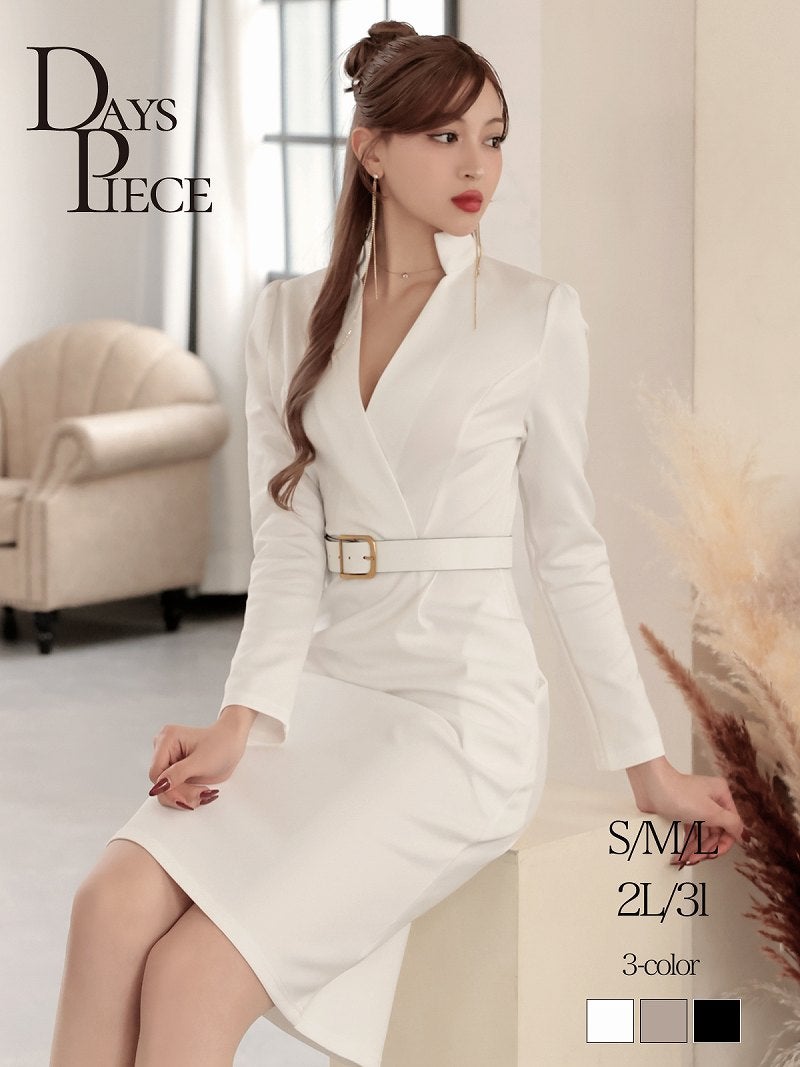 都会的なセレブ感溢れるスタンドカラーの韓国風長袖膝丈ワンピース【DaysPiece】