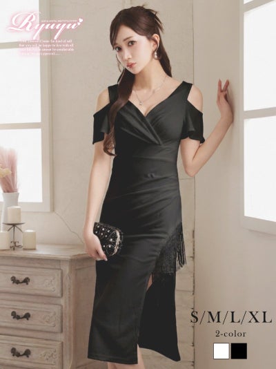 揺れるビジューフリンジがアクセントのカットショルダーカシュクール膝丈ブラックドレス 【Ryuyu】(S/M/L/XL(2L))(ブラック/ホワイト)